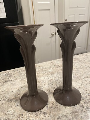 #ad Royal HAEGER Mid Century Modern Brown Candlestick Holders Pair Art Deco 10quot; $46.00