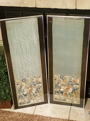#ad Pair Of 2 Vintage Antique Silk Embroidered Panels Asian Chinese Japanese Framed $625.49