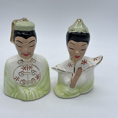 #ad Vintage Pair Mid Century Asian Man amp; Woman Busts Hand Painted Ceramic Figurines $27.99