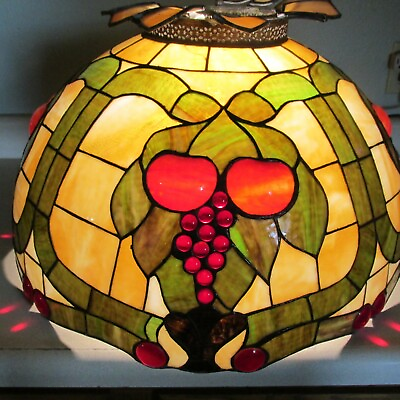 VINTAGE LARGE LEADED STAINED GLASS APPLE GRAPE CEILING SHADE 24quot; X 13 1 2quot; $24.95