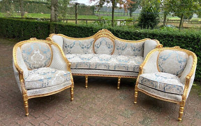 #ad #ad 1940#x27;s French Louis XVI Sofa Set in Gold Beech and Damask 3 Piece Ensemble $3900.00