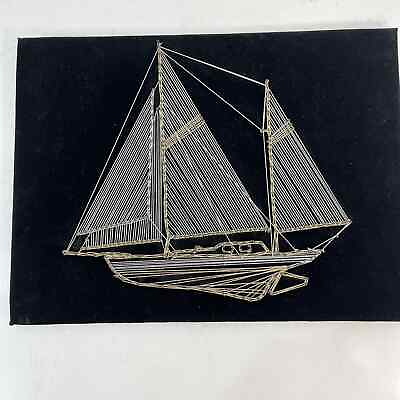 #ad Metallic Gold Silver String Nail Art Sailboat Ship Nautical 12x16 Vintage $18.99