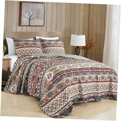 #ad Flint 3 Piece Southwestern Rustic Quilt Set King Red Navy Taupe Geometric $82.13