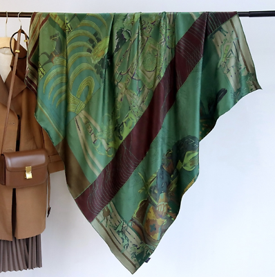 #ad 100% mulberry silk green horse print square scarf shawl 140 * 140cm $67.19
