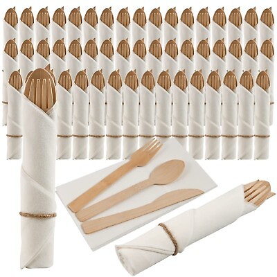 #ad Pre rolled Bamboo Cutlery Set 50pack Wrapped Bamboo Utensils Disposable Silv... $80.16