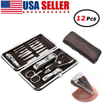 #ad 12PCS Manicure Set Pedicure Nail Clippers Cleaner Cuticle Grooming Kit Case $7.80