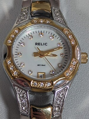 #ad Relic Pearlized Dial Date Indicator Crystal Accent Two Tone Stainless Watch $20.99