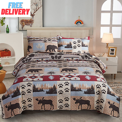 #ad Rustic Quilt Queen Full Size Lodge Cabin Bedding Set Moose Bear Bedspread Cover $50.59