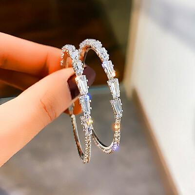 #ad Elegant 925 Silver Hoop Earring Women Cubic Zircon Jewelry Gift A Pair $3.29