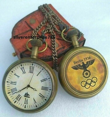 #ad Vintage Brass Pocket Watch Antique Berlin 1936 with Leather Box Gift Marine $20.38