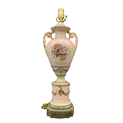 #ad ATQ Victorian Porcelain Vase Lamp Hand Painted Pink Floral Decor Filigree Base $122.99