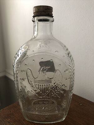 #ad Vintage Bicentennial 1776 Log Cabin Syrup Embossed Eagle Bottle Clear Glass $12.00