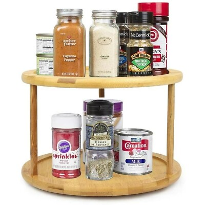 #ad Premium Bamboo 2 Tier Lazy Susan Turntable 360 degree Turntable Spices Organizer $14.39
