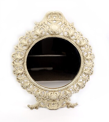 #ad Vintage IRON ART JM29 White Vanity Table Mirror Cast Iron Hollywood Regency $26.50