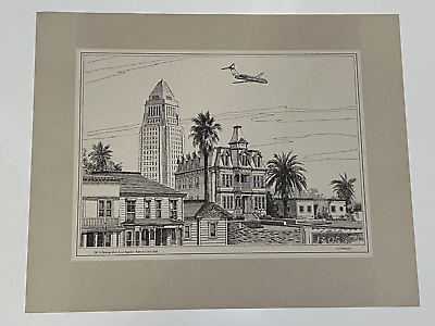 #ad G. Akimoto quot;DC 9 Over Los Angeles#x27; Famous City Hallquot; Lithograph Print 15quot; x 11quot; $49.99