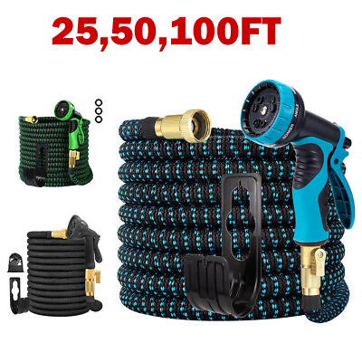 #ad Latex 25 50 100 FT Expanding Flexible Garden Water Hose with Spray Nozzle $15.99