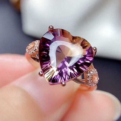 #ad Heart Shape Rainbow Bi Color Tourmaline Gemstone Rose Gold Women Adjustable Ring $6.99