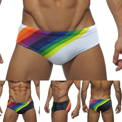 #ad Mens Swimwear Mens Briefs Mens Swimsuit Print Rainbow Sexy Big Swim Briefs C $18.37