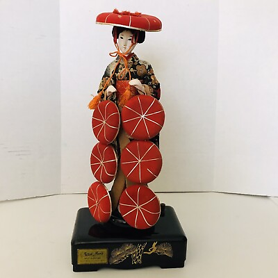#ad Vintage Japanese Doll 7 Hats Lacquered Music Box Rotating 12in Tall. $45.99