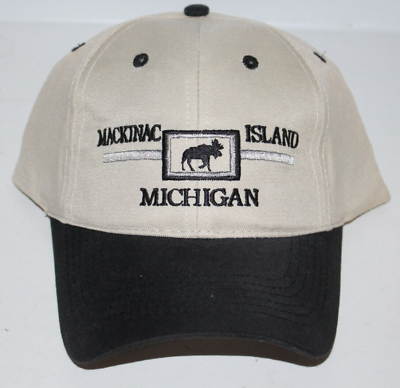 #ad Mackinac Island Moose Baseball Hat Cap Tan With Black Bill Embroidered NOS UP MI $12.29