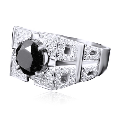 #ad 14K New White Gold Black CZ Ring Solitaire Band Pinky Ring 3.25 Ct Mens $810.27