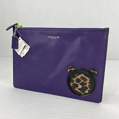 #ad New Coach Large Pouch Darcy Violet Purple Leather Clutch Cheetah Bear F62854 B19 $69.99