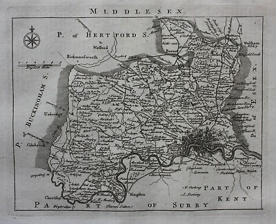 #ad MIDDLESEX original antique county map JOHN ROCQUE 1769 GBP 40.00