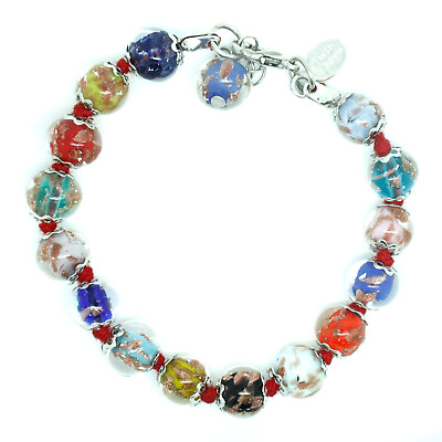 #ad Murano Glass Bracelet Multi Red Silver Handmade Armband Venice 15 Beads GBP 16.95