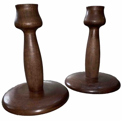 #ad Vintage Pair Wooden Candlesticks 8quot; Tall Hand Turned Walnut $29.00