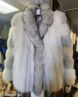 #ad SAGA Fox Genuine Blue Fox Fur Coat Hook Button Up Long Sleeve Medium $374.95