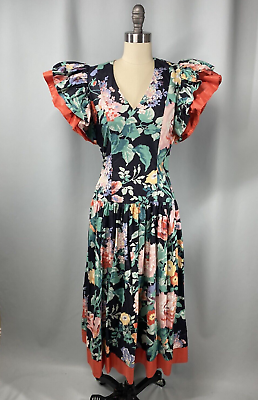 #ad Vintage Dress SIZE 4 SMALL designer 80#x27;s BLAIR WOOLVERTON cotton summer floral $65.00