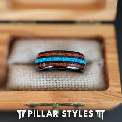 #ad Blue Opal Ring Black Tungsten Mens Wedding Band Koa Wood Ring with Opal Inlay $199.00