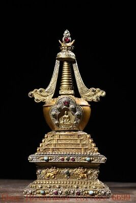 #ad 13quot; Tibet bronze silver Gilt inlay gem Sakyamuni Shakyamuni Buddha stupa statue $380.00