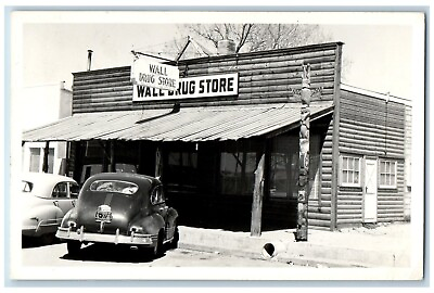 #ad Wall South Dakota SD Postcard RPPC Photo Wall Drug Store Cars 1948 Vintage $19.95