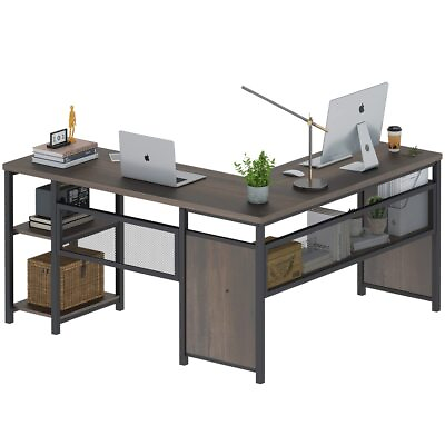 #ad L Shaped Computer Desk Industrial Home Office Desk with Shelves Reversible ... $345.48