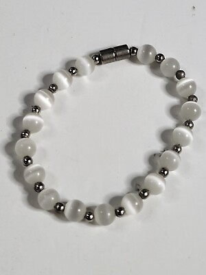 #ad Vintage Frosted White Glass Translucent Silver Tone Beaded Bracelet $7.00