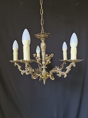 #ad Vintage Antique Medium Brass Chandelier Lighting With Ceiling Light 5 Arms $220.00