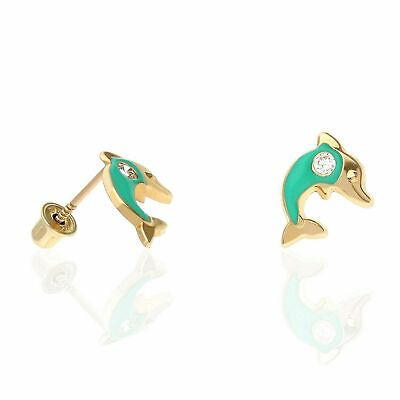 #ad Solid 14k Yellow Gold Kids Enamel Fish Screw Back Earrings with White CZ Stone $69.93