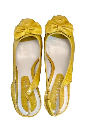 #ad GIANNI BINI New Peep Toe Yellow 8M Croc Embossed Leather Kitten Heels Shoes $29.00