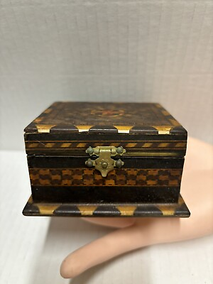 #ad Vintage Inlaid Wood Laquered Trinket Box Jewelry Red Lining Small 2” L 3.75” W $17.98