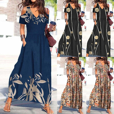 #ad Womens Cold Shoulder Boho Long Maxi Dress Ladies Summer Sundress Holiday Beach $25.99