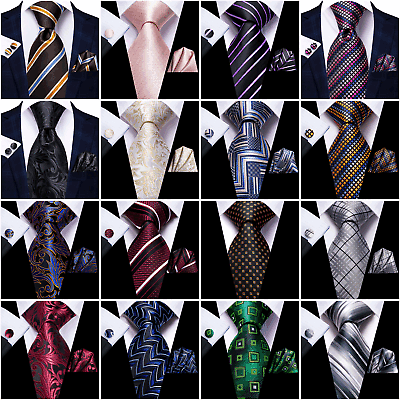 #ad Mens Silk Tie Set Necktie Hanky Cufflinks Solid Paisley Floral Wedding Classic $11.99