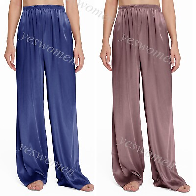 #ad Women Wide Leg Pajama Pants Satin Silk Loose Long Lounge Pants Pj Bottoms Pocket $12.90
