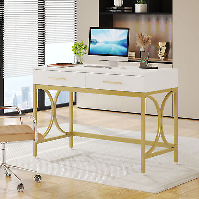 #ad White Gold Study Writing Desk with 2 Drawers Modern Computer Desk w Storage $131.02
