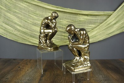#ad Vintage PAIR MID CENTURY Rodin’s THE THINKER SCULPTURE Cast IRON BRASS BOOKENDS $69.99