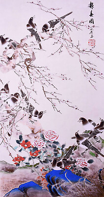 #ad ORIGINAL ASIAN ART CHINESE WATERCOLOR PAINTING Happy birdsamp;plum blossom flowers $29.99