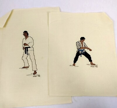 #ad 2 Finished Cross Stitch Karate Figures Tae Kwon Do Completed Unframed Vintage $16.99