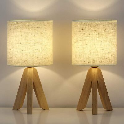 #ad HAITRAL Small Table Lamps Wooden Tripod Nightstand Set Linen Linen $78.79