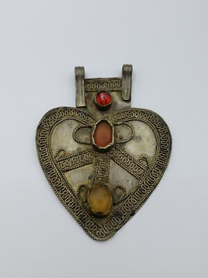 #ad Antique Turkmen Asyk Amulet Metal Pendant Orange Red Glass Medallion 9cm Heart $120.00