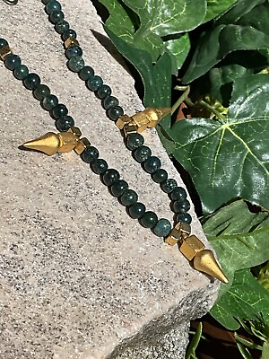 #ad Vintage Green Stone Bead Gold Tone Necklace Jewelry $24.94